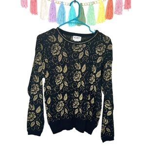 Vintage 80s 90s Koret Metallic Gold Rose Floral Printed Knitted Sweater Medium